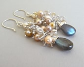 Earrings - scapolite, golden rutile quartz, freshwater pearl, labradorite and sterling silver - Moonlit