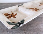 Divided Serving Platter - Three Part Vegetable Tray - White Black Brown Flowers Leaves - Long Rectangular Platter - Handmade Pottery