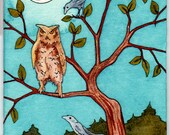 Owl in a tree with Ravens Original Watercolor Painting ACEO