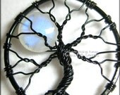Natural Rainbow Moonstone Full Moon Tree of Life Pendant in Black Wire Wrapped Natural Genuine Gemstone Luna Lunar