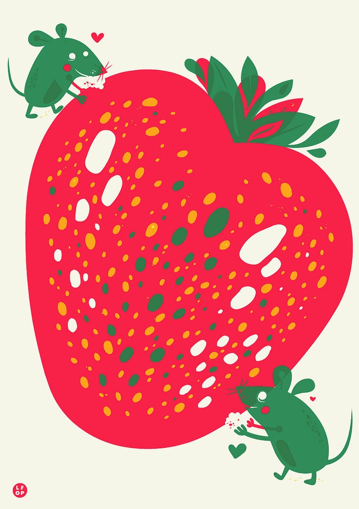 Pink Strawberry Green Mice Screenprint Art Print - Love Friendship Buddies Hand Printed Silkscreen Poster - Good for Kids Rooms & Nursery