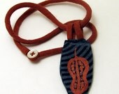 Fiber art necklace, copper and blue seedpod - dyed, screenprinted - hemp silk cotton choker