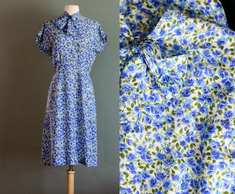 60's M Blue and Green Silk Day DRESS