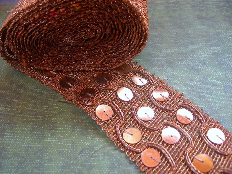 Vintage Sari Trim Metallic COPPER with large SEQUINS India 2-1/4 inches wide 1 yard