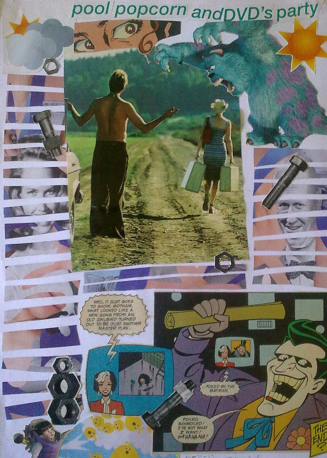 Original Collage - Pool Popcorn and DVD's Party - original paper collage using upcycled magazines