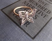 Filigree Butterfly  Ring on Antiqued Brass Band, Art Nouveau, Tattoo, Steampunk Stacking Rings