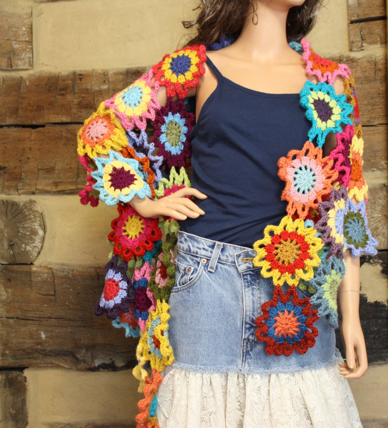 Custom Crochet Shawl Boho Gypsy Shawl Hippie Patchwork Colorful Gypsy Shawl Wrap Hippie Shawl Rainbow Flower Garden Made to Order