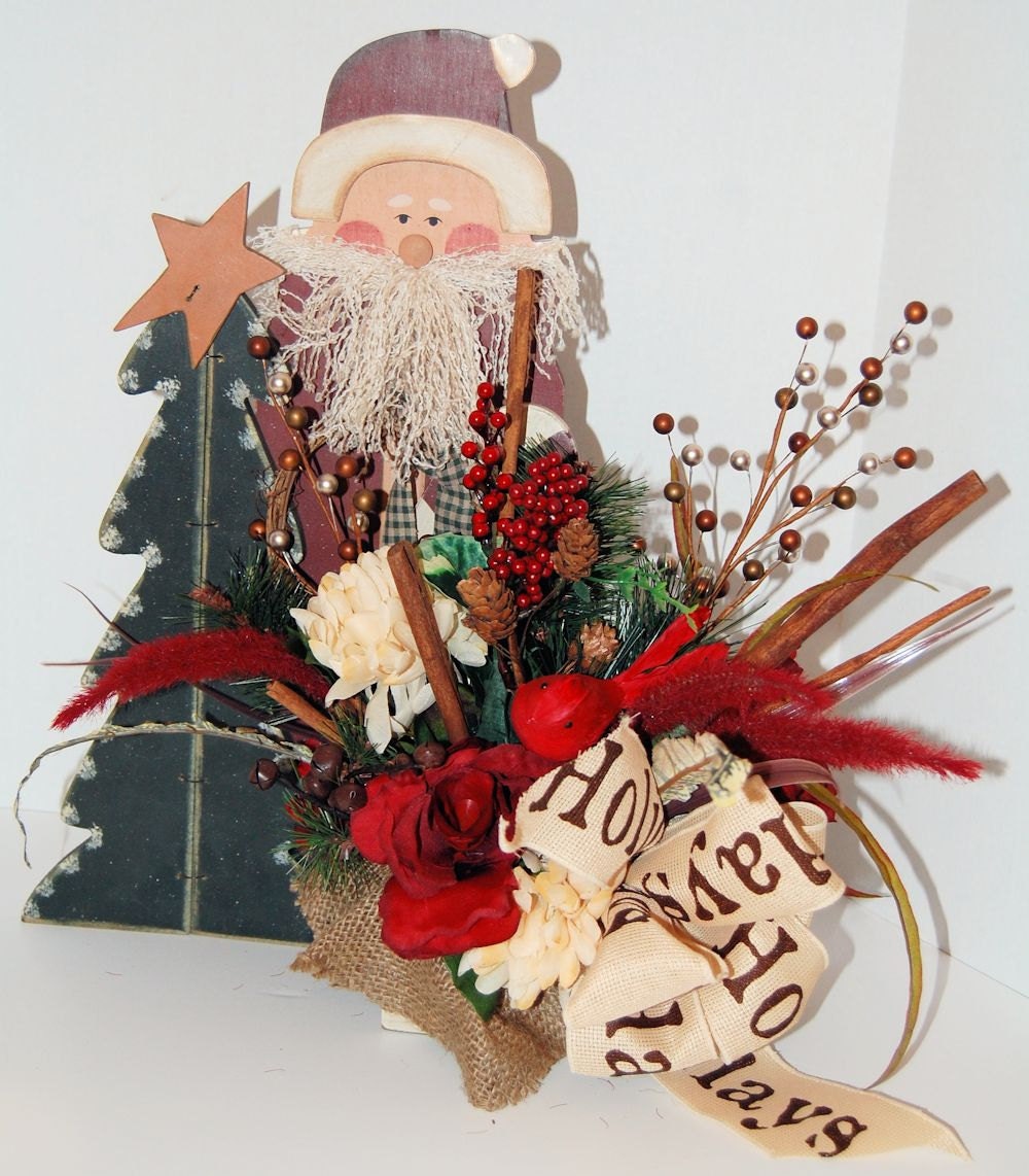 Wooden Santa & Christmas Tree Christmas Decoration - indoors or outdoors use Floral Arrangement burlap - Prim Country style one of a kind