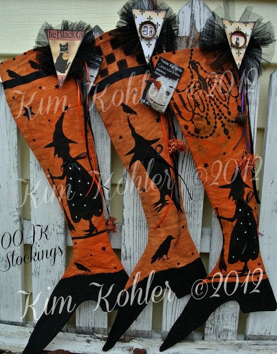Witch Primitive Stocking Shoe Fabric Halloween Vintage Style Decoration