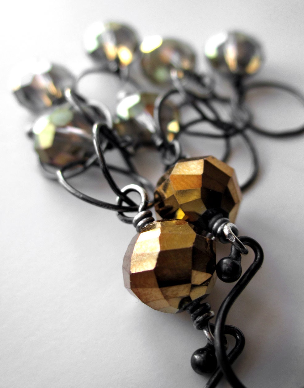 Hollywood Old Gold Long Earrings - Metallic Silver Gold Glass Bead Earrings, Black Oxidized Silver, Holiday New Years Eve Party Jewelry