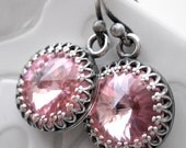 Pink Rivoli Crystal Earrings, Antiqued Silver Bezel, Vintage Style Bridesmaid Jewelry, Pale Soft Pink, Gift for New Mom Mother Baby Girl