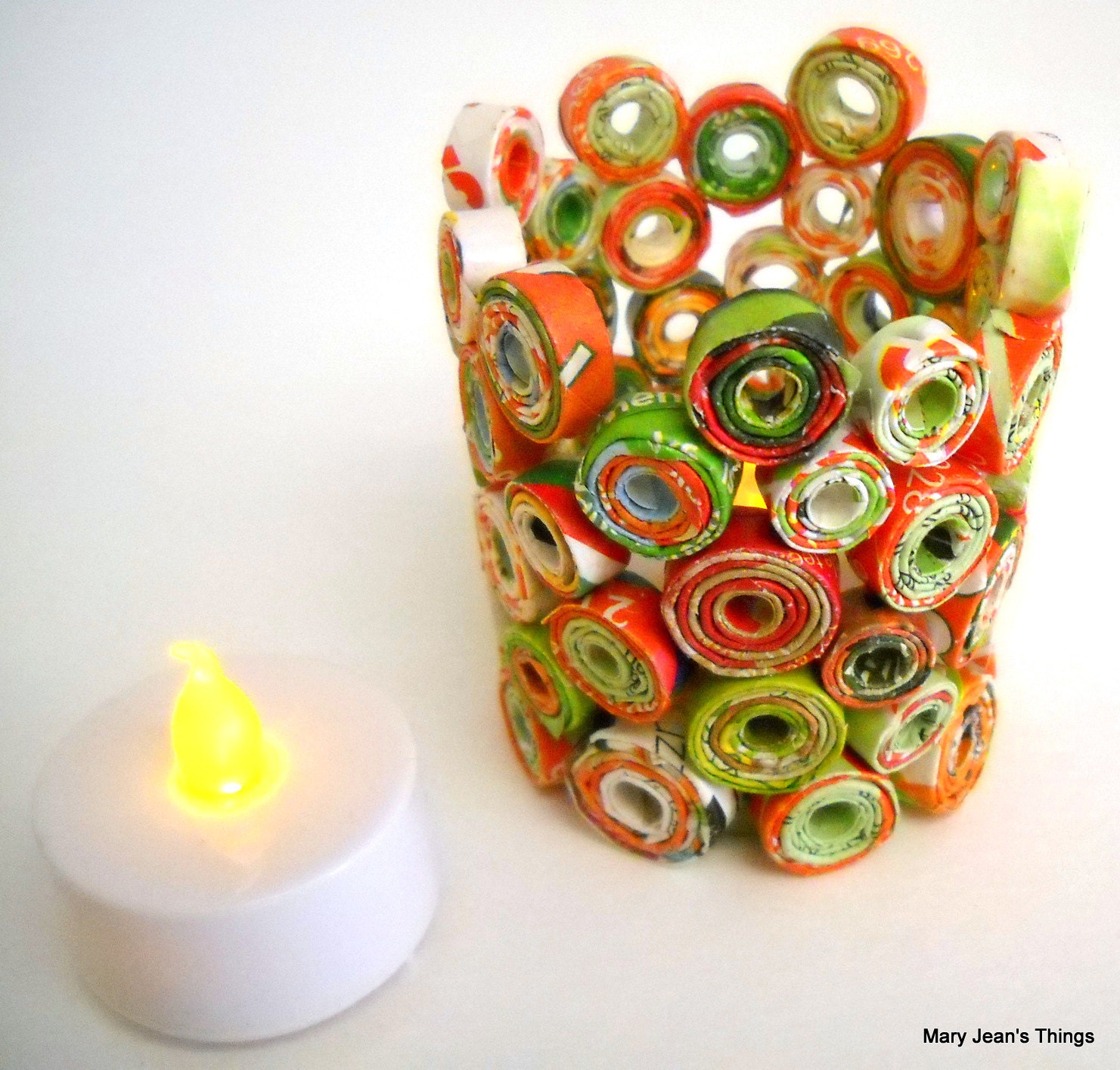 Orange and Green Paper Flameless Candle Votive Upcycled from Magazines etc. OOAK