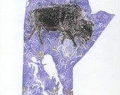 Manitoba, bison and crocus linocut
