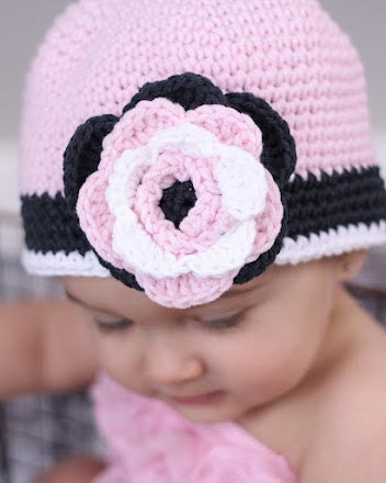 Cloche Hat Crocheted "The Charlene" Pastel Pink Charcoal Grey White Bucket Hat Flower Trim