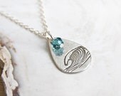 Deep Blue Wave Necklace teardrop unique recycled fine silver ocean sea surf nautical charm pendant on sterling chain