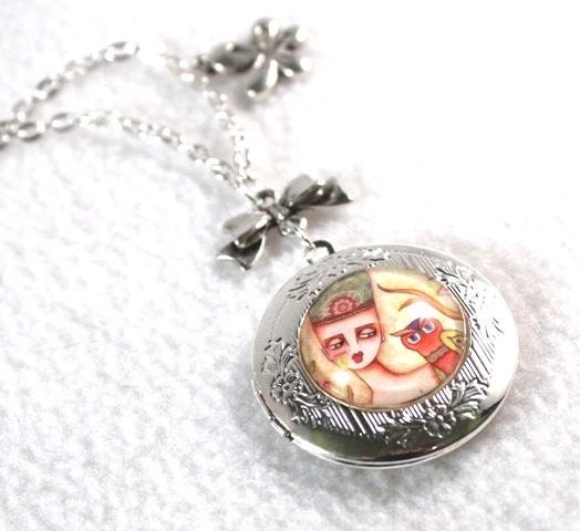 Victorian Locket, Owl and Girl Art Charm Necklace, Silver Vintage Inspired Beaded Jewelry, Original Art Print, Orange
