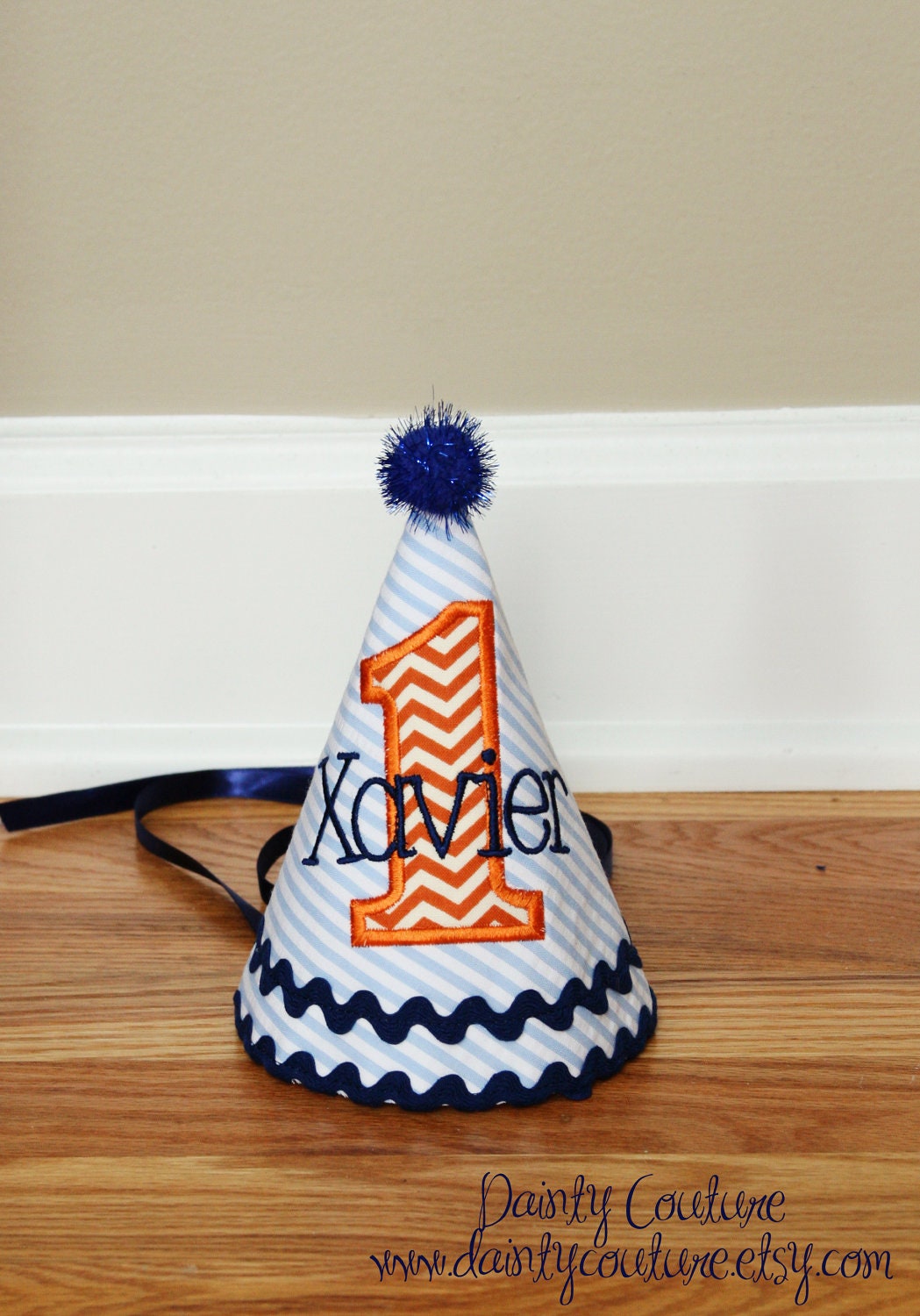 First Birthday Hat - Chevron and stripes in blue and orange - Free personalization