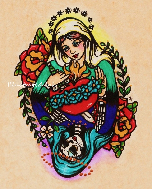Day of the Dead VIRGIN MARY Old School Tattoo Art Print 8 x 10