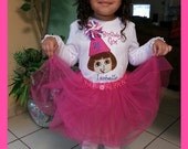 Custom Dora Birthday Shirt with Pink Petti Korker hair Clip white leggings