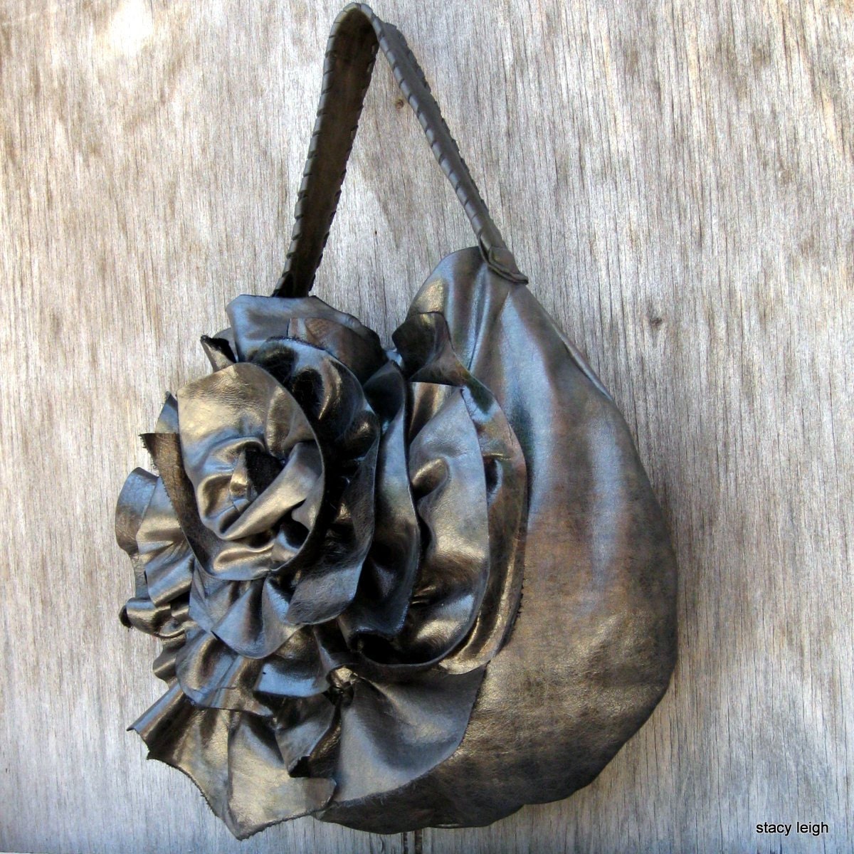 Black Metallic Leather Bag with Natural Edge Asymmetrical Rose by Stacy Leigh RESERVED for Ivy