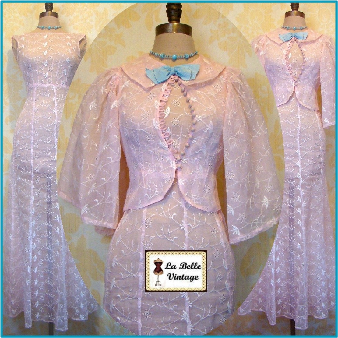 Vintage 30s DECO Embroidered Dress Organza Pink Wedding Gown Bolero Slip Set XS S