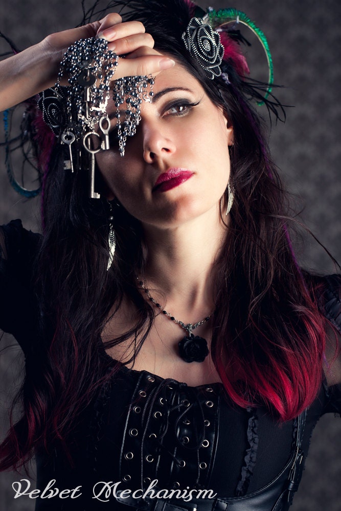 Steampunk Antiqued Silver Large Ornate Feather Wing Earrings with Silver Filigree and Swarovski Jet Black Crystal Beads by Velvet Mechanism