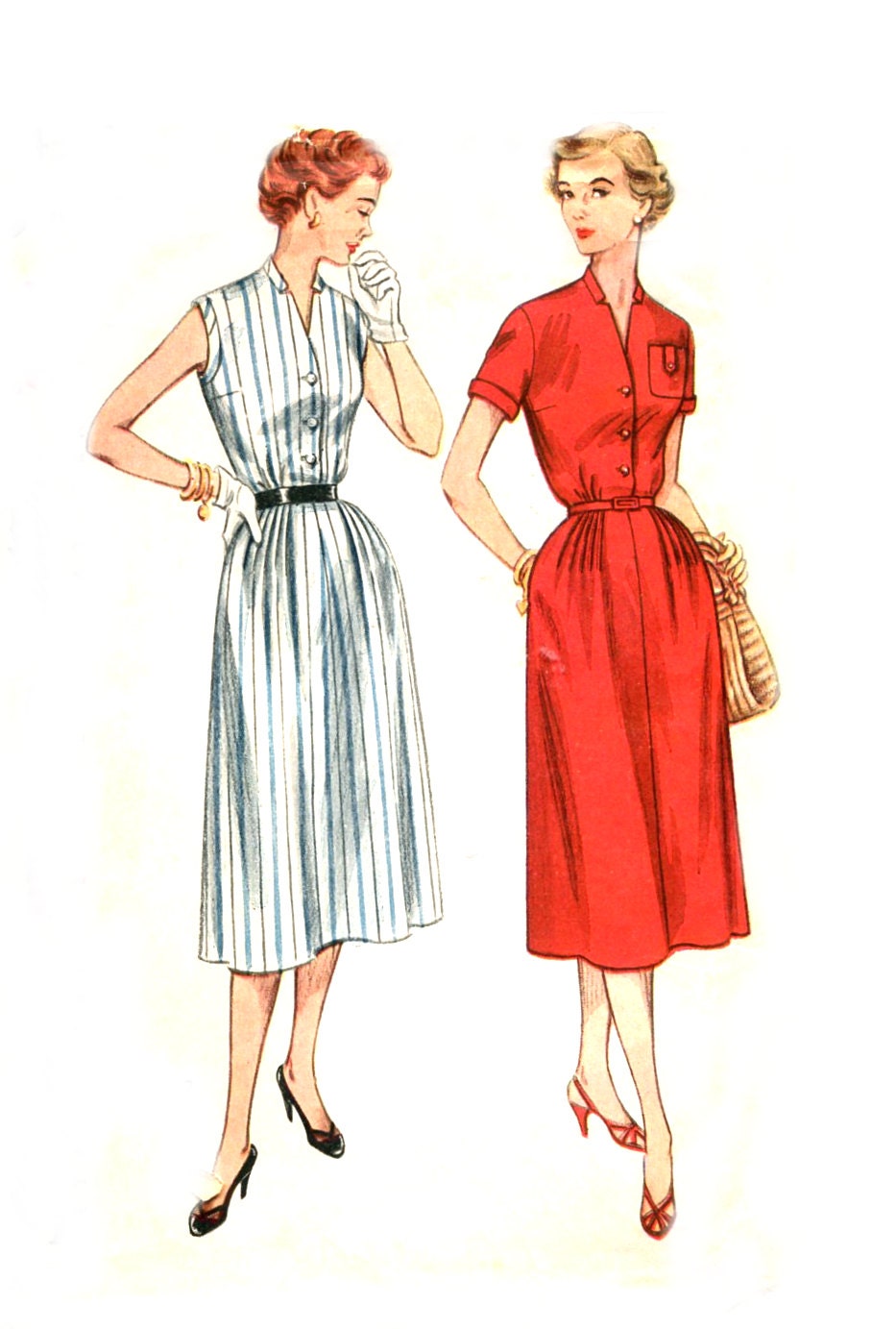 1950s Summer Dress - Simplicity 4330 - V Neckline - Sleeveless / Short Sleeves - Vintage Sewing Pattern - Size 16 / Bust 34