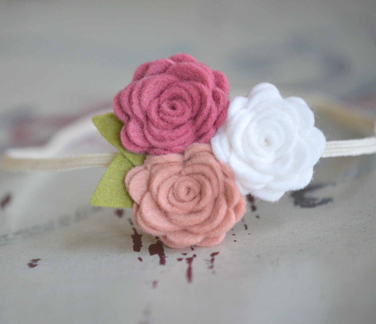 Felt  Flower Headband - Rose Trio - Baby Felt Flower Headband in Rose, Blush and Snow White