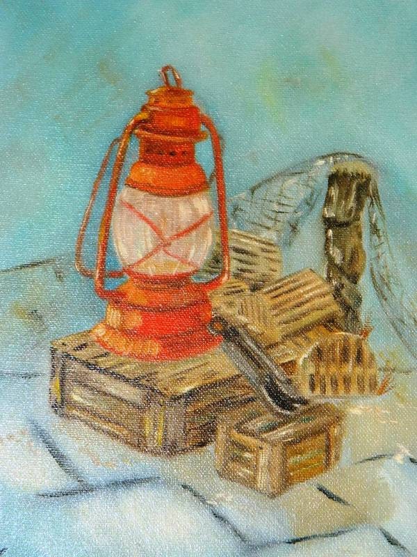 Oil Painting Nautical, Lantern artwork  Sea Ocean, Netting Dock, Oyster Traps, hand painted, Lane