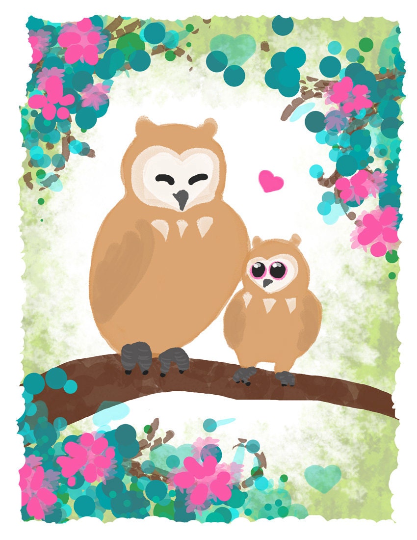 Mom & Baby Owl Spring- Art Print 8.5 x 11