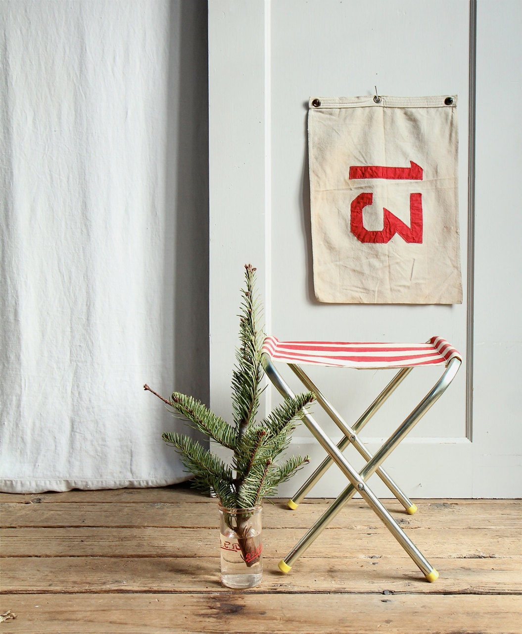 Vintage Canvas Camp Stool / Red Stripe, Cabana Stripe, Luggage Rack