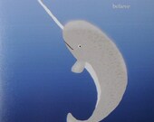 Narwhal Illustration Print Dark Blue Grey White Inspirational Nautical Home Wall Decor 4x6