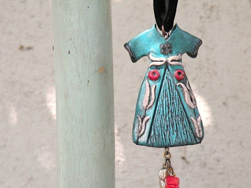 Turquoise Power Dressing Long Necklace - Ottoman Caftan Pendant with Black Velvet Cording - Ottoman Tulips