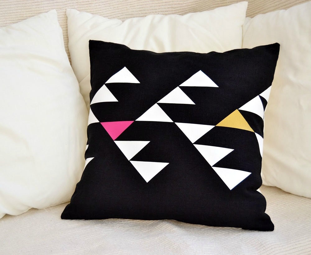 Black linen pillow cover with tribal inspired design