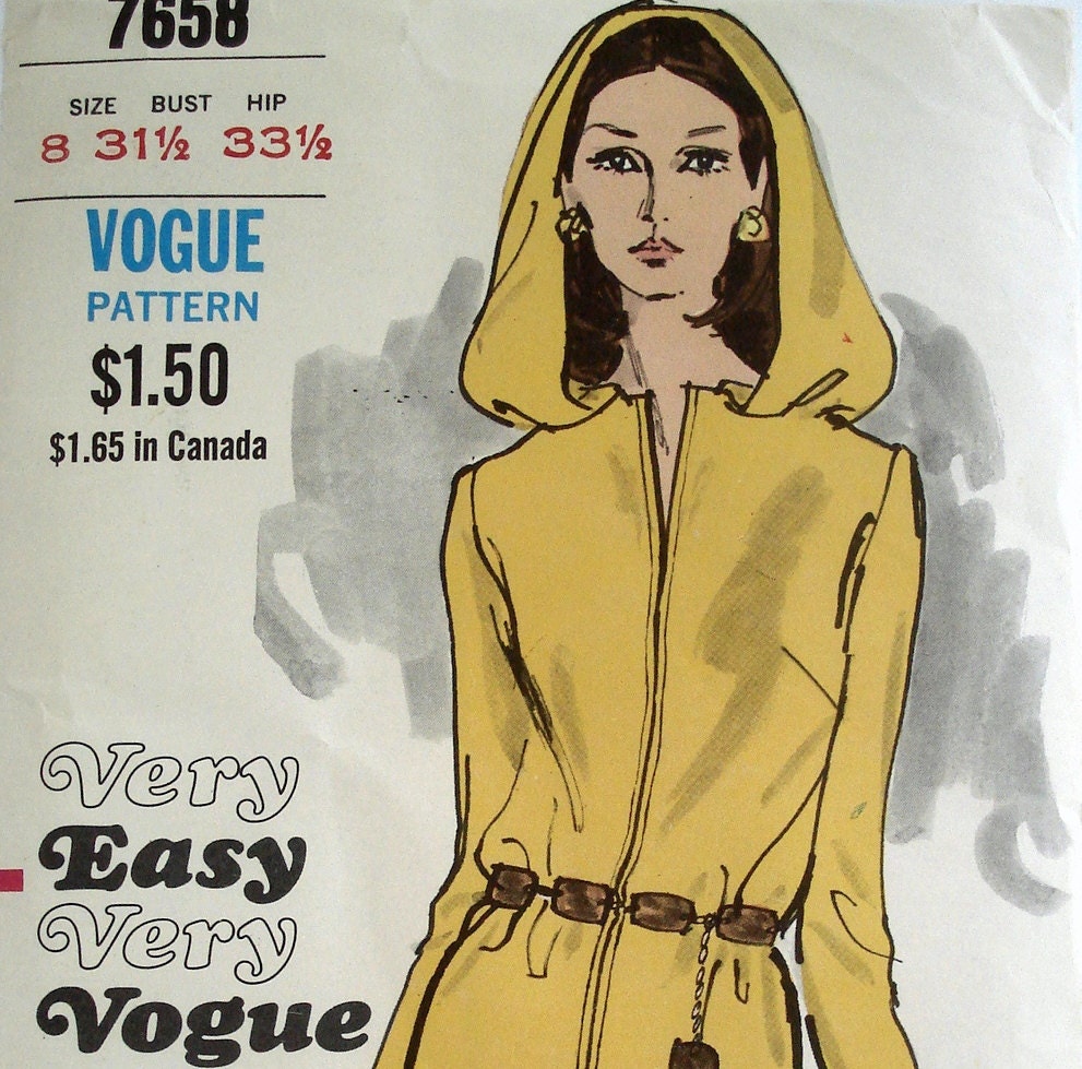 Vintage 1960s Hooded Dress Pattern Vogue 7658 Bust 31 Petite Mod