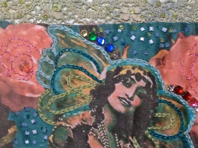 Lilygrace Hand Embroidered Belle Epoque Fairy Silk Cuff with Peridot, Coral and Vintage Rhinestones
