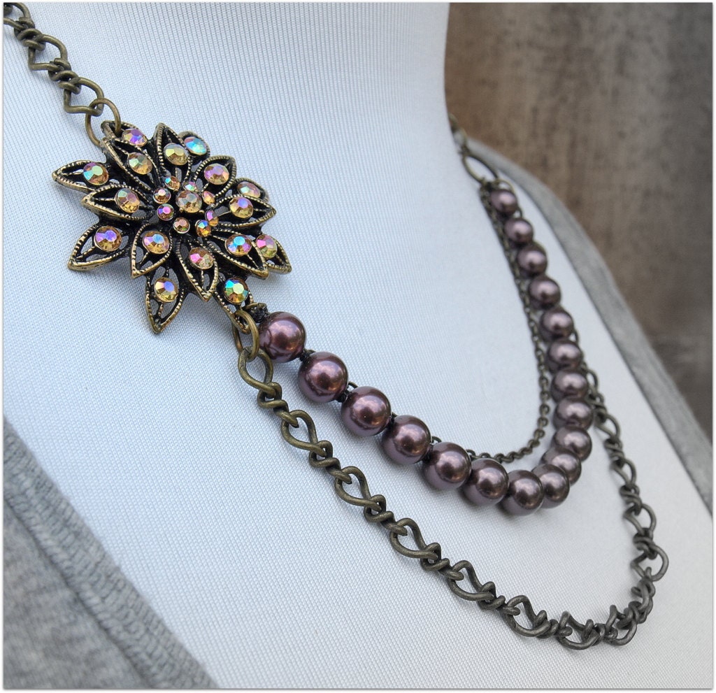 Burgundy Rhinestone Flower Pendant and Swarovski Crystal Pearl Necklace