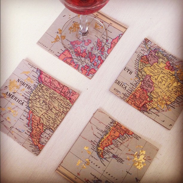 World Map with Gold Flakes Coasters - Set of 4