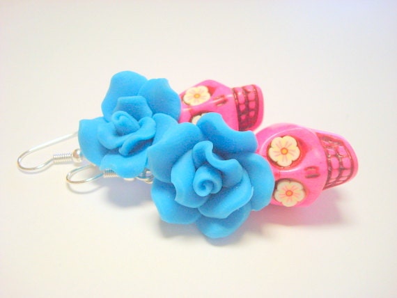 Turquoise and Pink Day of the Dead Roses and Sugar Skull Earrings