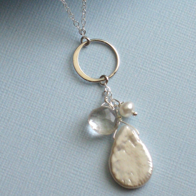 Coin Pearl, Clear Quartz,  & White Pearl Necklace in Sterling Silver, June Birthday, Bridesmaid Gift, Wedding