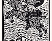 Midnight Ride Over Mount Hood woodcut hand-pulled print 11x14