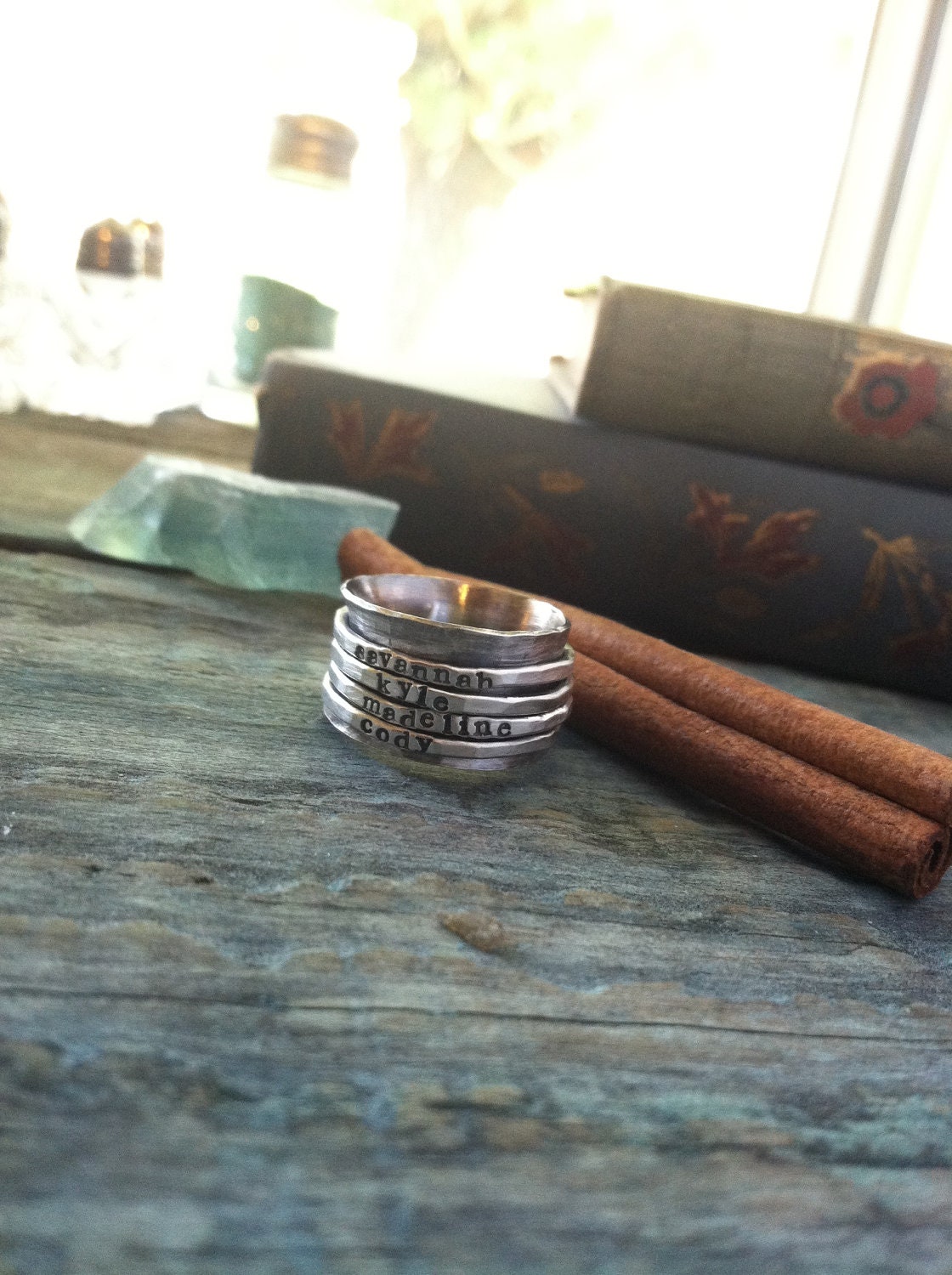Hand stamped four band sterling silver spinner ring mothers ring