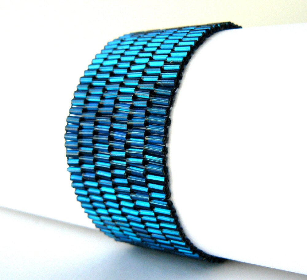 Teal Beaded Bracelet Blue Green Cuff Bracelet Sparkling Bead Weaving Jewelry Metal Free