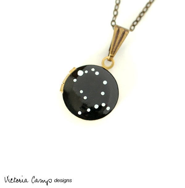 Gemini Zodiac Constellation Necklace on Vintage Tiny Locket - Hand Painted - Brass Chain