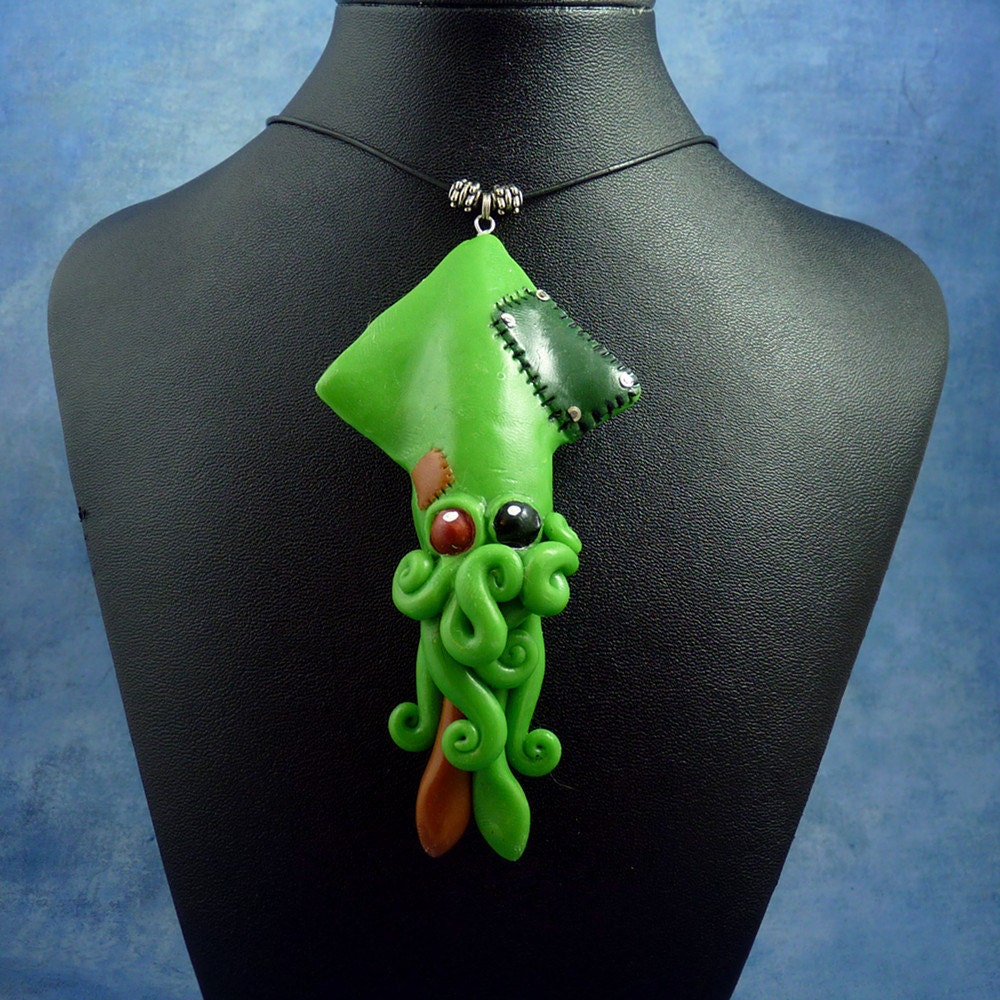 Frankenpod Squid Necklace, Polymer Clay Halloween Jewelry
