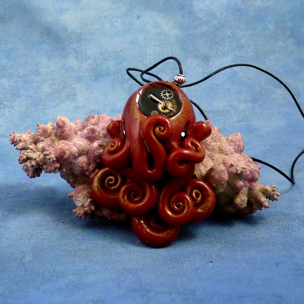 Gilded Steampunk Octopus Necklace, Polymer Clay Neo-Victorian Cephalopod Pendant