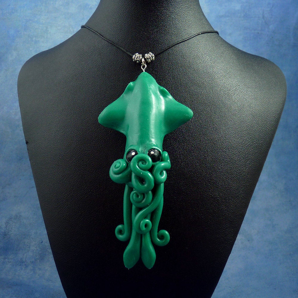 Jade Squid Necklace, Polymer Clay Squid Jewelry