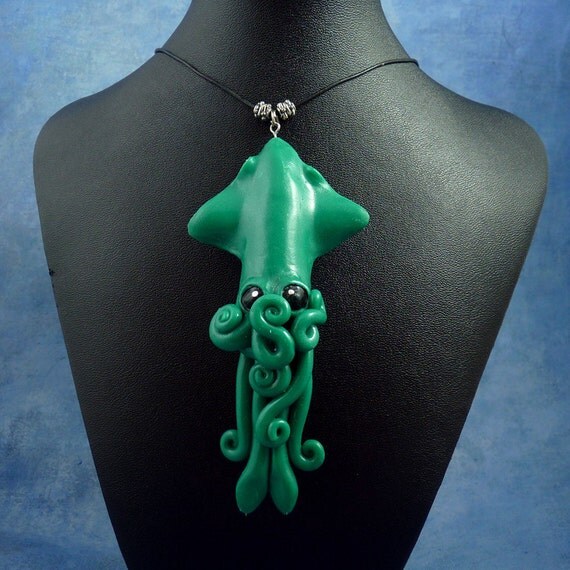 Jade Squid Necklace, Polymer Clay Squid Jewelry