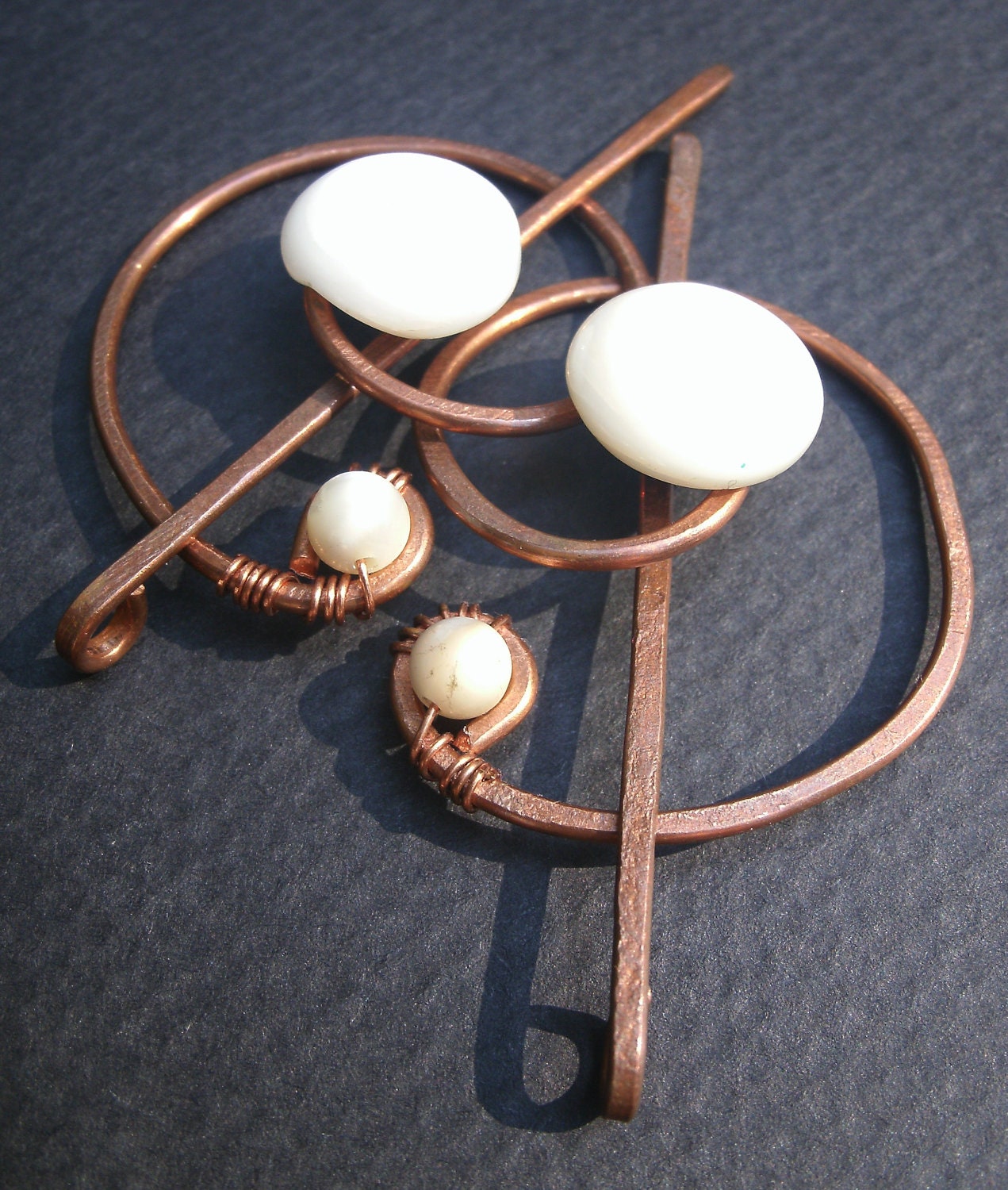 Vintage Mother of Pearl Copper Barrette Set