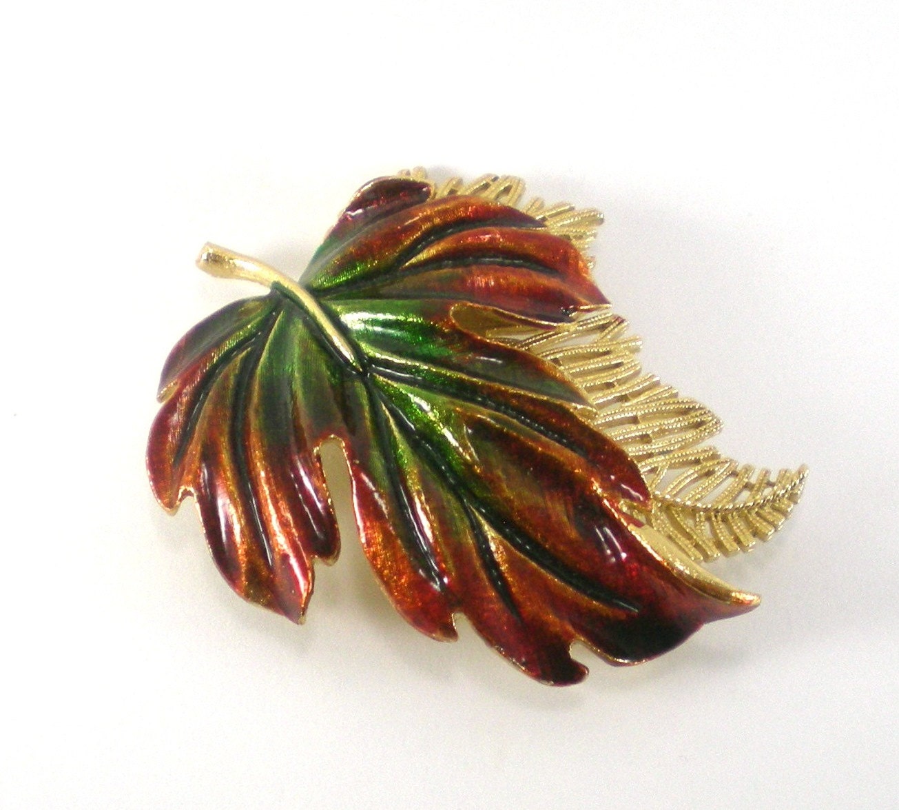 Autumn  Leaf Brooch Enamel Fall Colors Vintage Metallic Jewelry